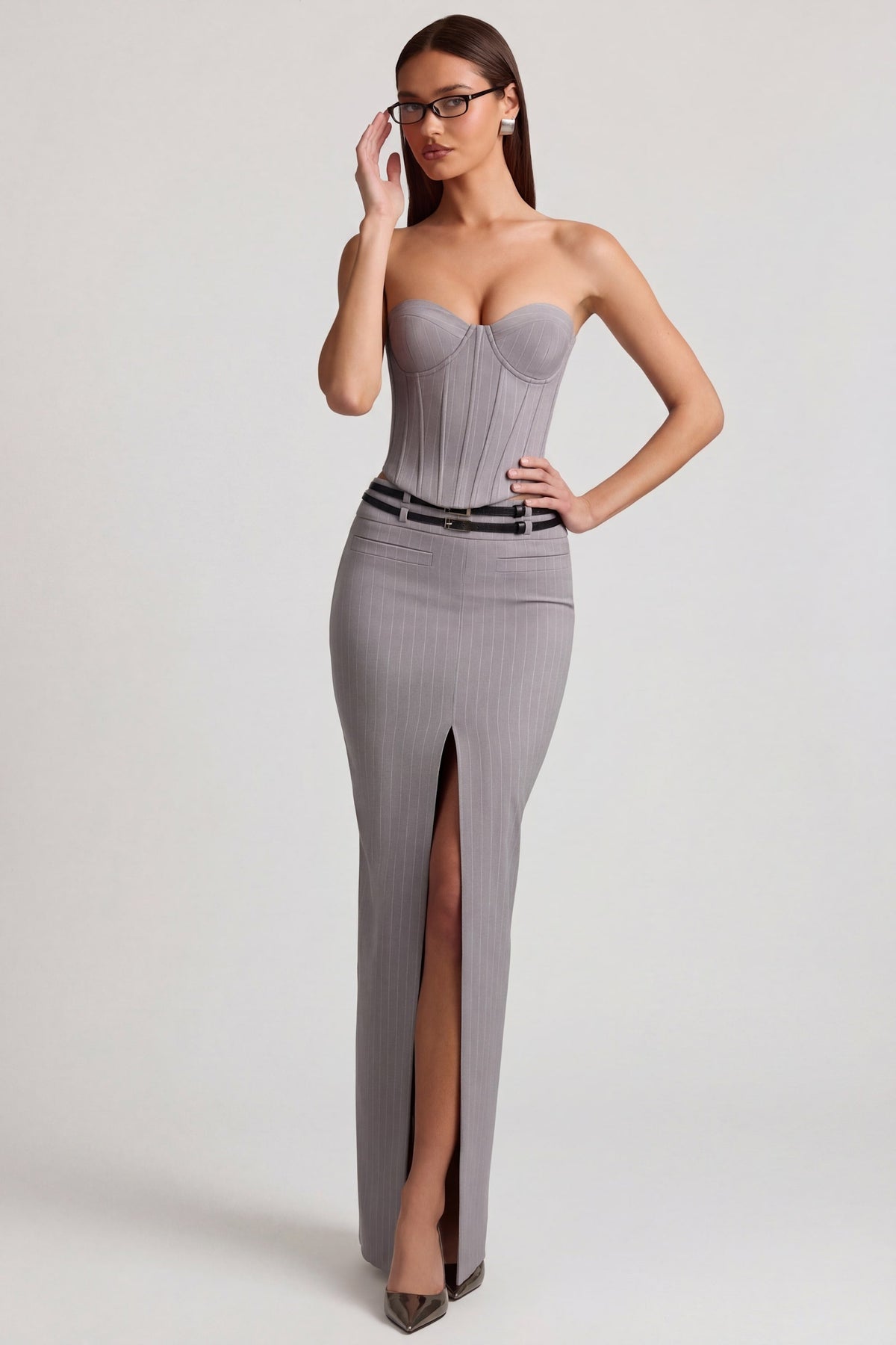 Chic Pinstripe Low-Rise Maxi Skirt in Grey