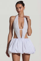 Chic Embellished Cut-Out Bubble Hem Mini Dress in White