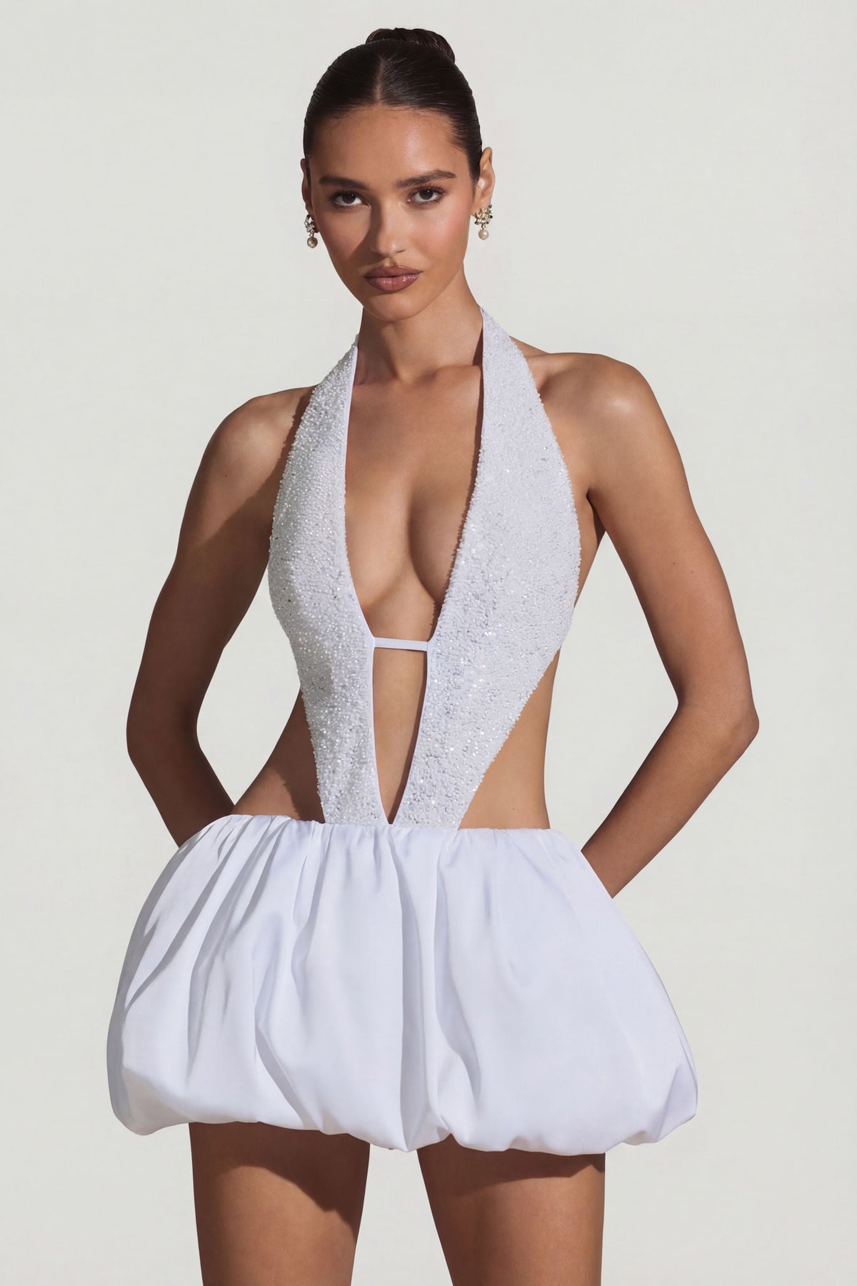 Chic Embellished Cut-Out Bubble Hem Mini Dress in White