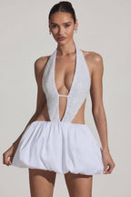 Chic Embellished Cut-Out Bubble Hem Mini Dress in White