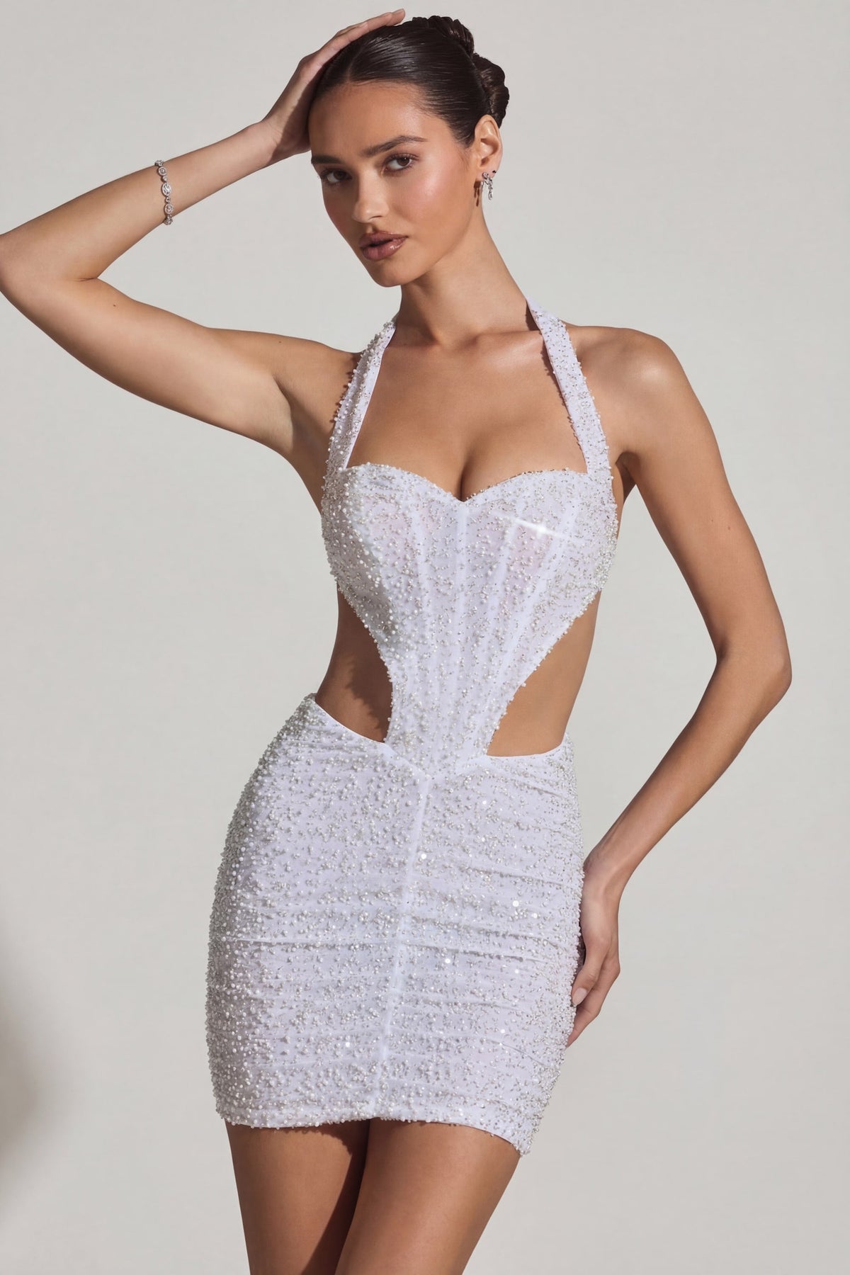 Chic Embellished Cut-Out Halterneck Mini Dress in White