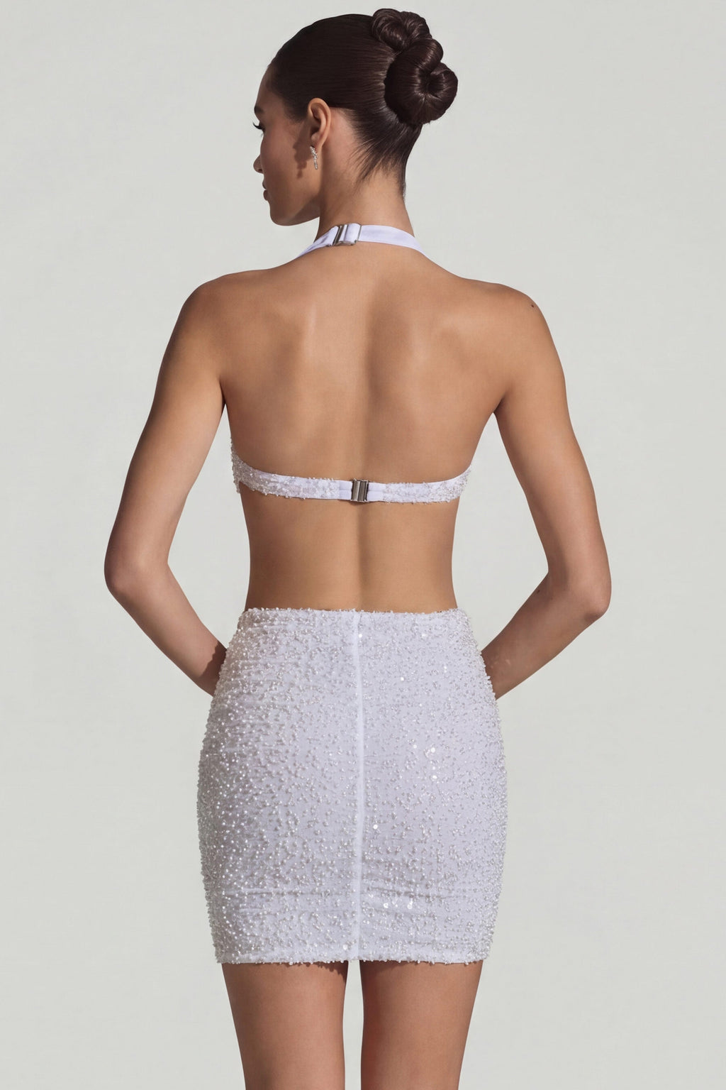 Chic Embellished Cut-Out Halterneck Mini Dress in White