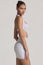 Chic Embellished Cut-Out Halterneck Mini Dress in White