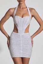 Chic Embellished Cut-Out Halterneck Mini Dress in White
