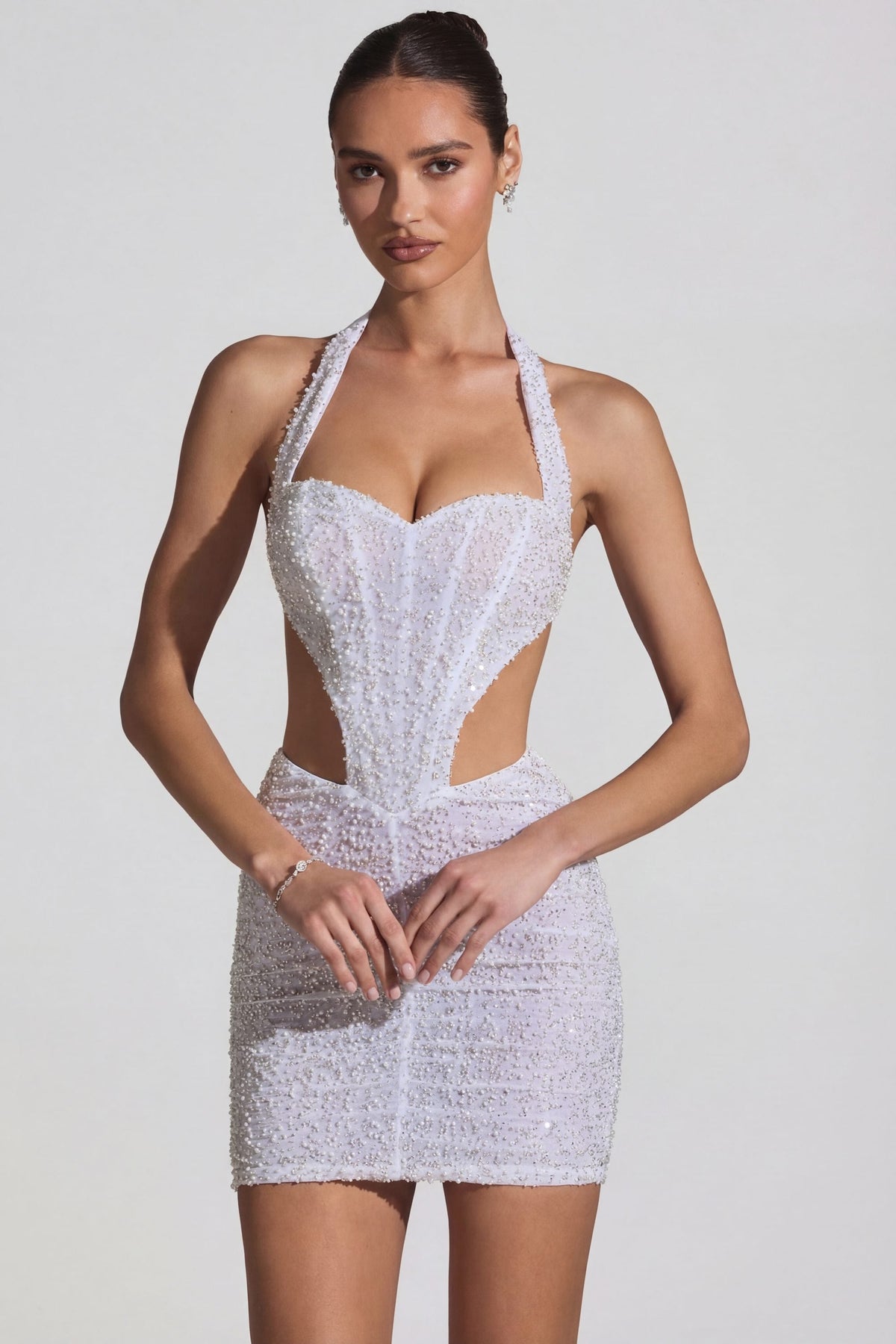 Chic Embellished Cut-Out Halterneck Mini Dress in White