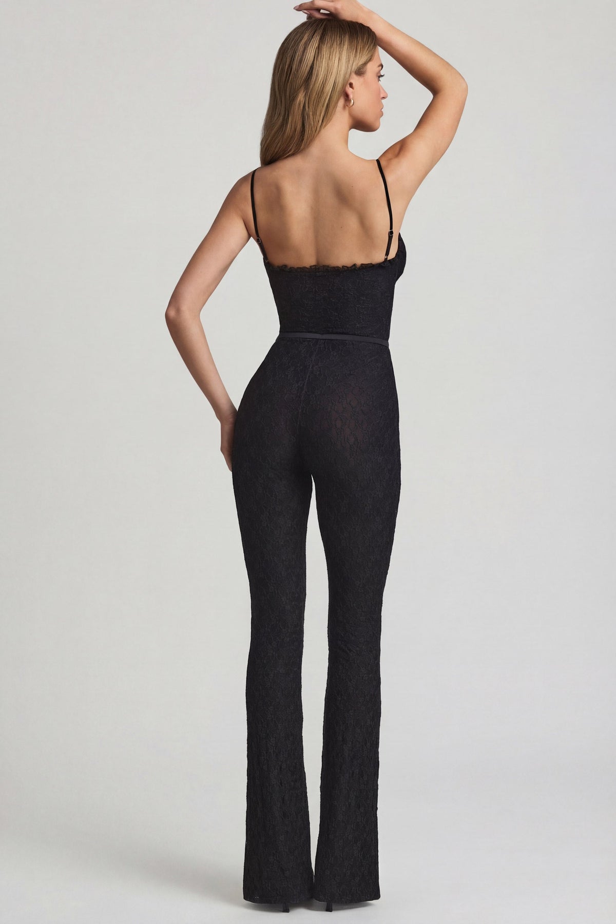Chic Bow-Detail Lace Flared Jumpsuit in Black