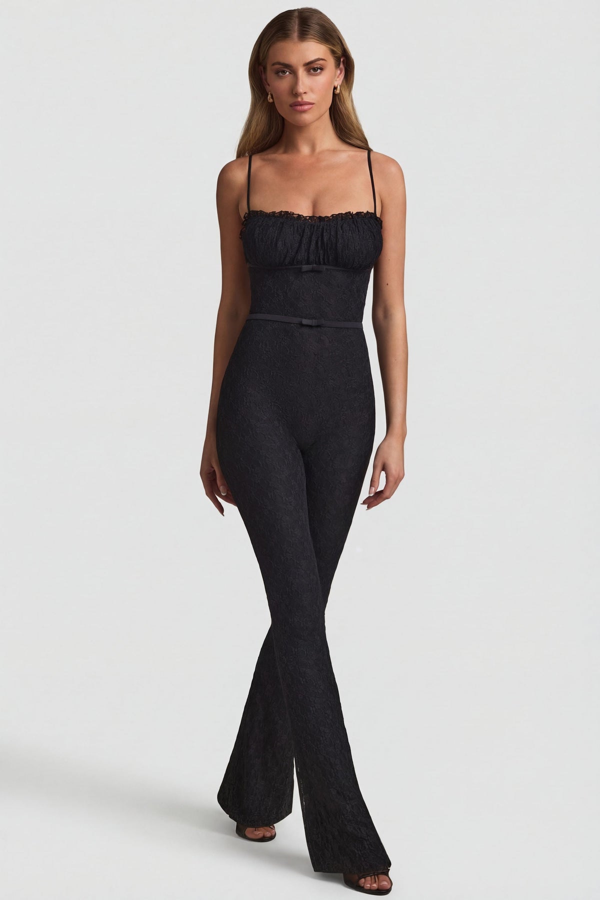 Chic Bow-Detail Lace Flared Jumpsuit in Black