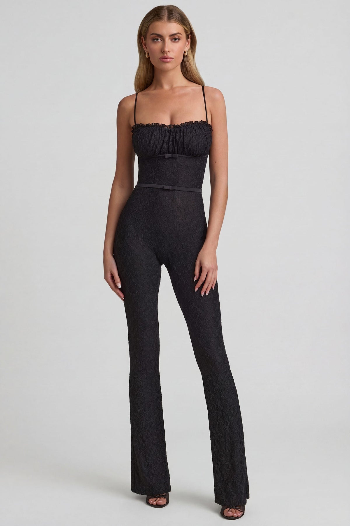 Chic Bow-Detail Lace Flared Jumpsuit in Black