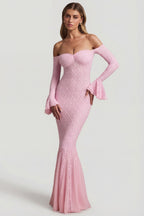 Chic Off-Shoulder Ruffle Lace Maxi Dress in Soft Pink