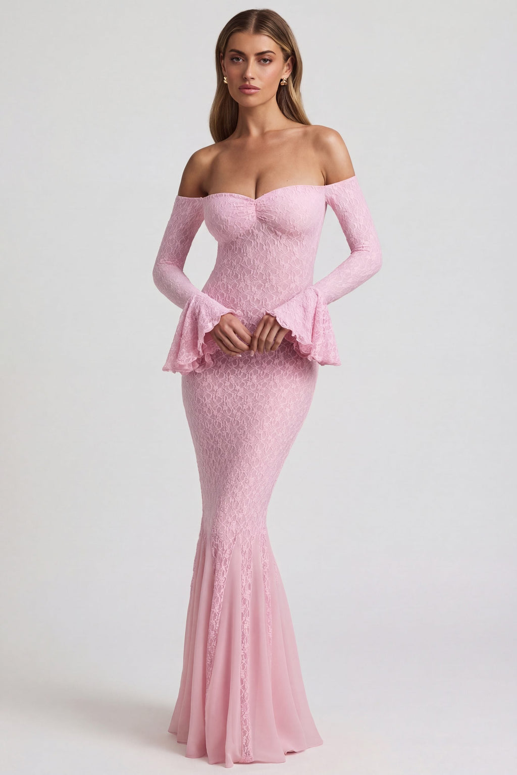 Chic Off-Shoulder Ruffle Lace Maxi Dress in Soft Pink