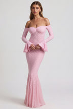 Chic Off-Shoulder Ruffle Lace Maxi Dress in Soft Pink