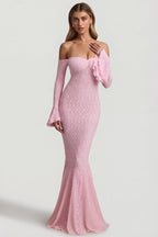 Chic Off-Shoulder Ruffle Lace Maxi Dress in Soft Pink