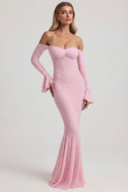 Chic Off-Shoulder Ruffle Lace Maxi Dress in Soft Pink