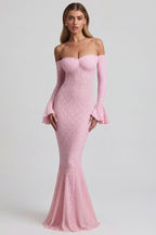 Chic Off-Shoulder Ruffle Lace Maxi Dress in Soft Pink