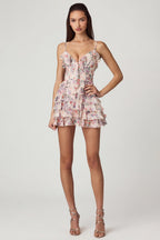 Chic Ruffled Lace-Up A-Line Mini Dress in Primrose Floral Print