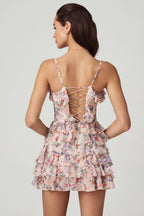Chic Ruffled Lace-Up A-Line Mini Dress in Primrose Floral Print