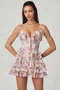 Chic Ruffled Lace-Up A-Line Mini Dress in Primrose Floral Print