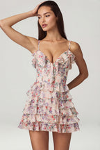 Chic Ruffled Lace-Up A-Line Mini Dress in Primrose Floral Print