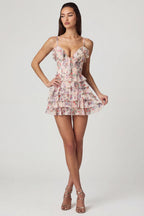 Chic Ruffled Lace-Up A-Line Mini Dress in Primrose Floral Print