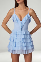 Chic Ruffled Lace-Up A-Line Mini Dress in Powder Blue