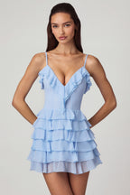 Chic Ruffled Lace-Up A-Line Mini Dress in Powder Blue