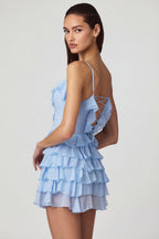 Chic Ruffled Lace-Up A-Line Mini Dress in Powder Blue