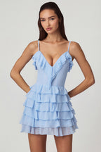 Chic Ruffled Lace-Up A-Line Mini Dress in Powder Blue