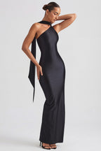 Chic Asymmetric Scarf-Detail Maxi Dress in Black
