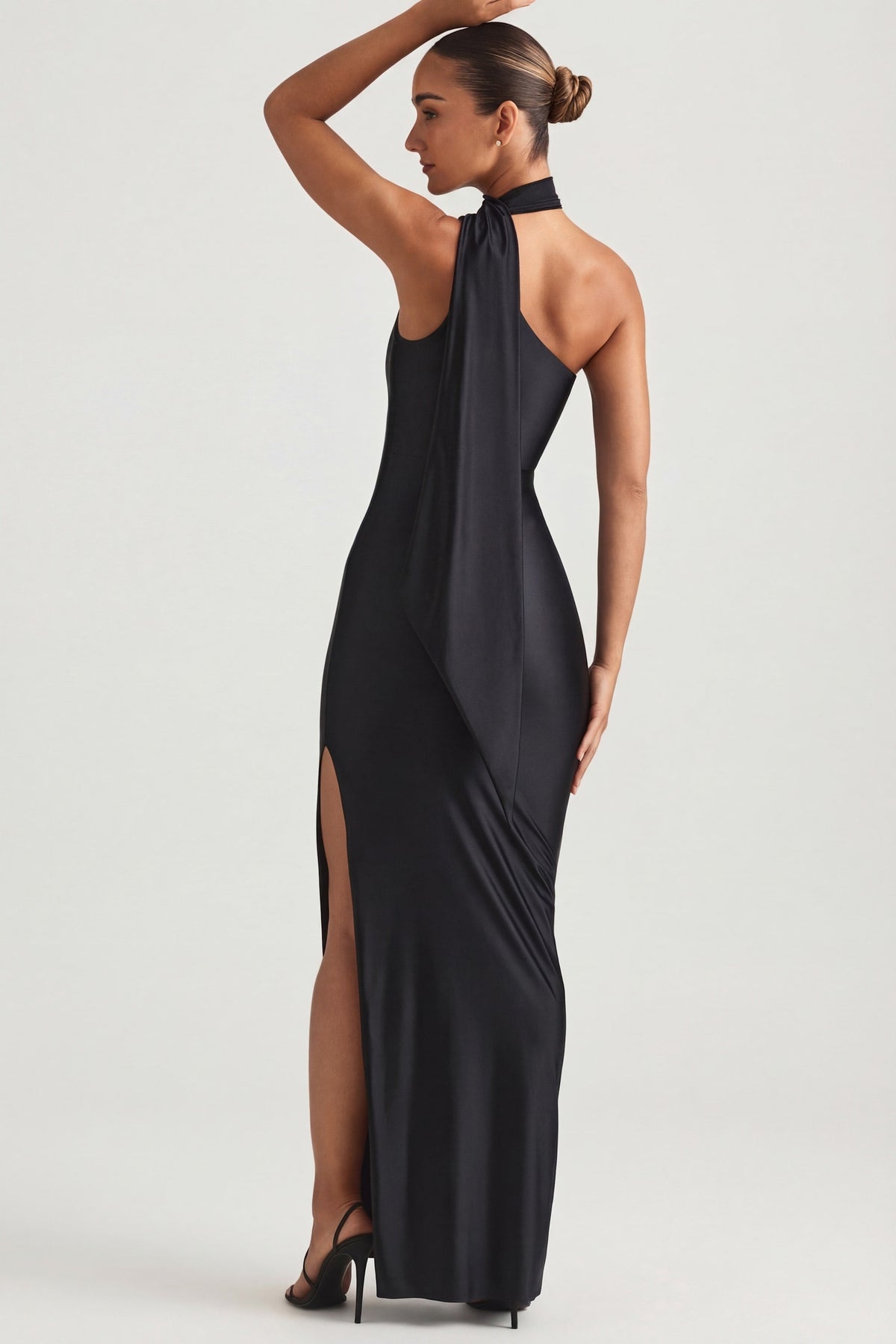 Chic Asymmetric Scarf-Detail Maxi Dress in Black