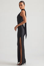 Chic Asymmetric Scarf-Detail Maxi Dress in Black