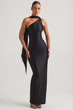 Chic Asymmetric Scarf-Detail Maxi Dress in Black