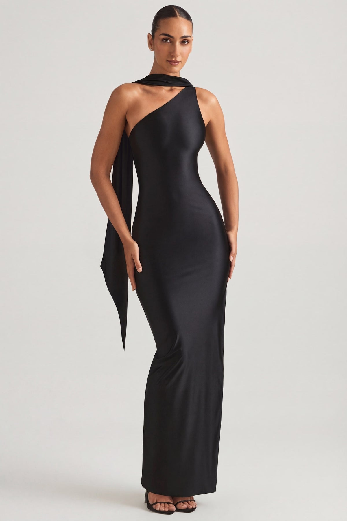 Chic Asymmetric Scarf-Detail Maxi Dress in Black