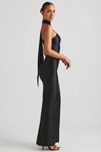 Chic Asymmetric Scarf-Detail Maxi Dress in Black