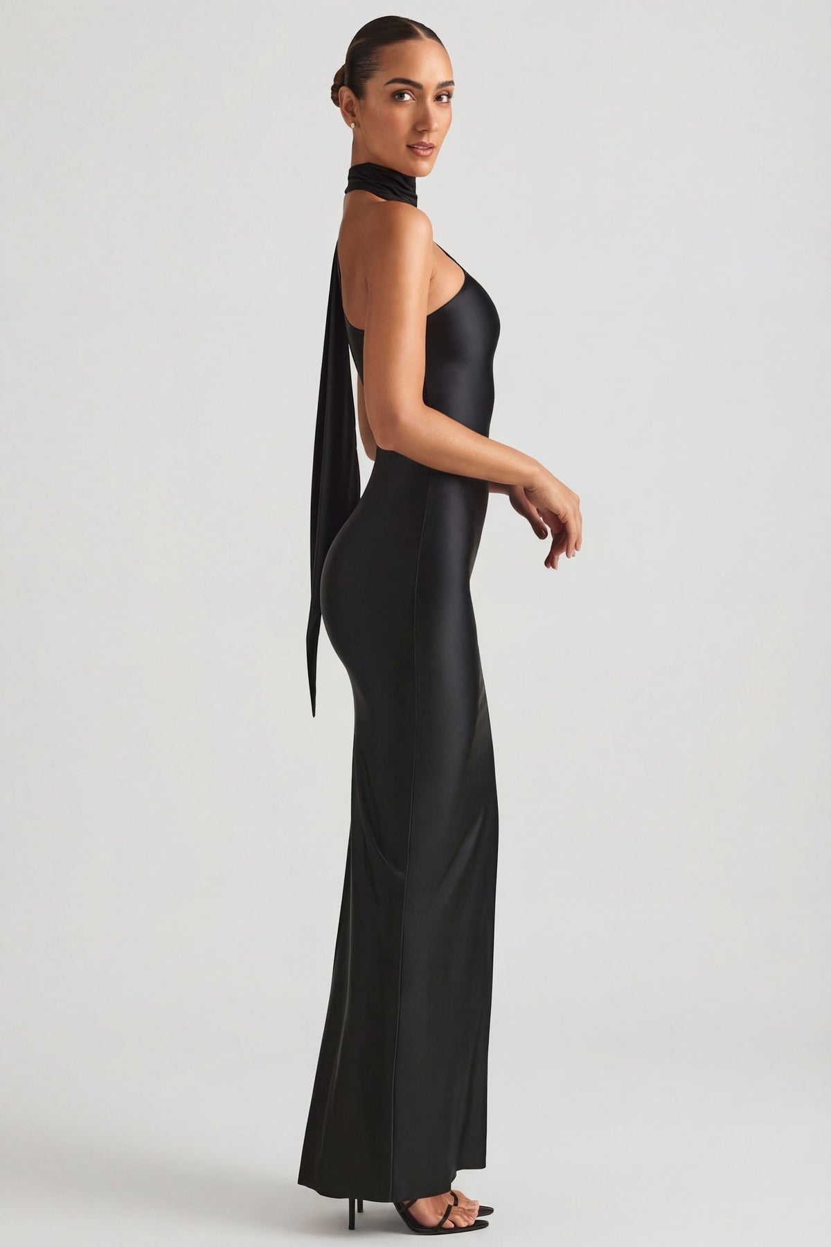 Chic Asymmetric Scarf-Detail Maxi Dress in Black