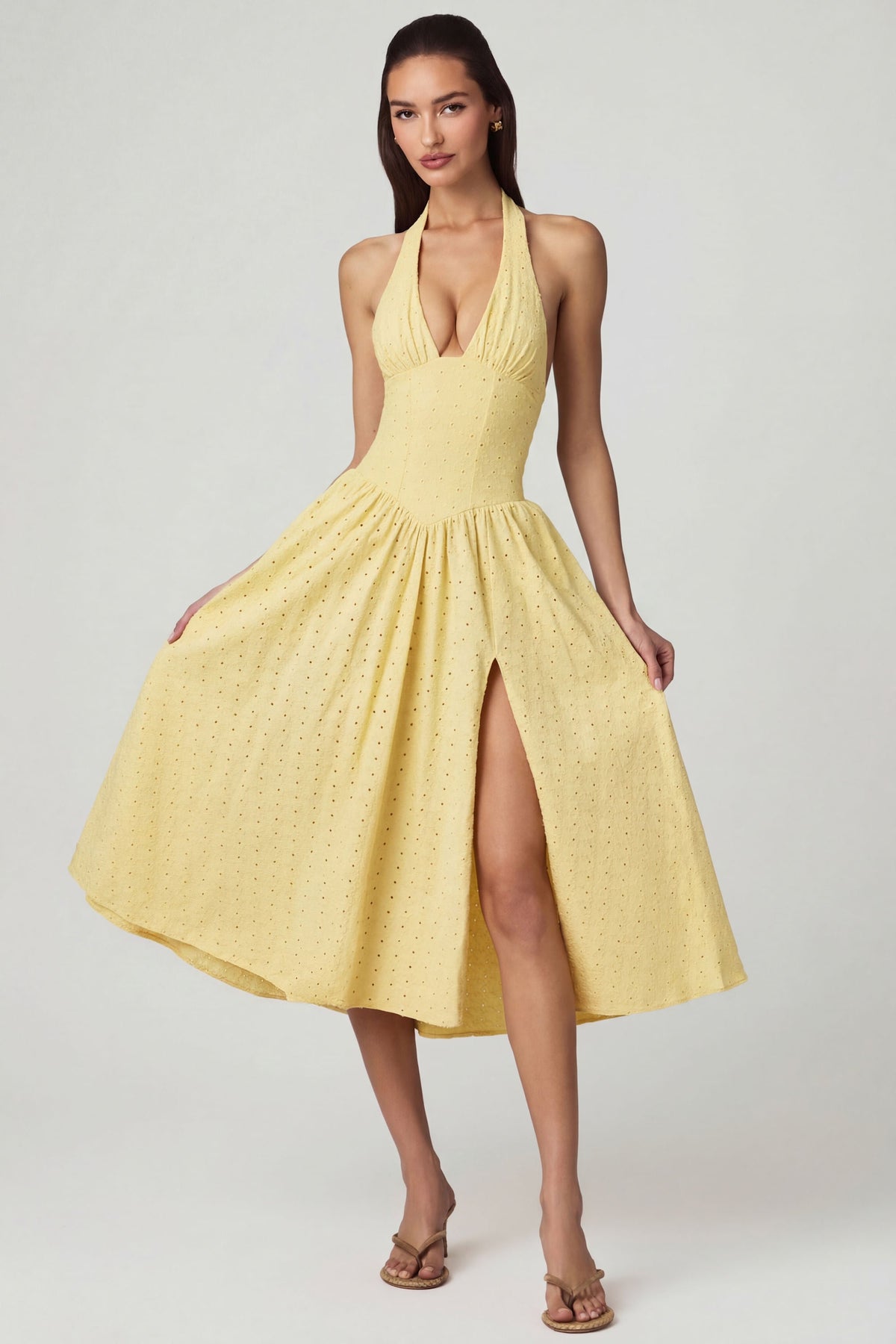 Chic Modal Broderie Anglaise Halterneck Midaxi Dress in Lemon Yellow