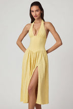 Chic Modal Broderie Anglaise Halterneck Midaxi Dress in Lemon Yellow