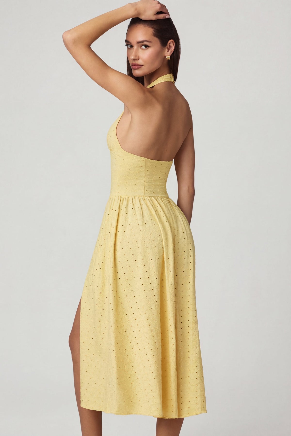 Chic Modal Broderie Anglaise Halterneck Midaxi Dress in Lemon Yellow