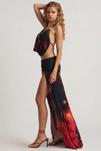 Chic Mid-Rise Split Maxi Skirt in Red Blurred Print