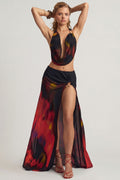 Chic Mid-Rise Split Maxi Skirt in Red Blurred Print