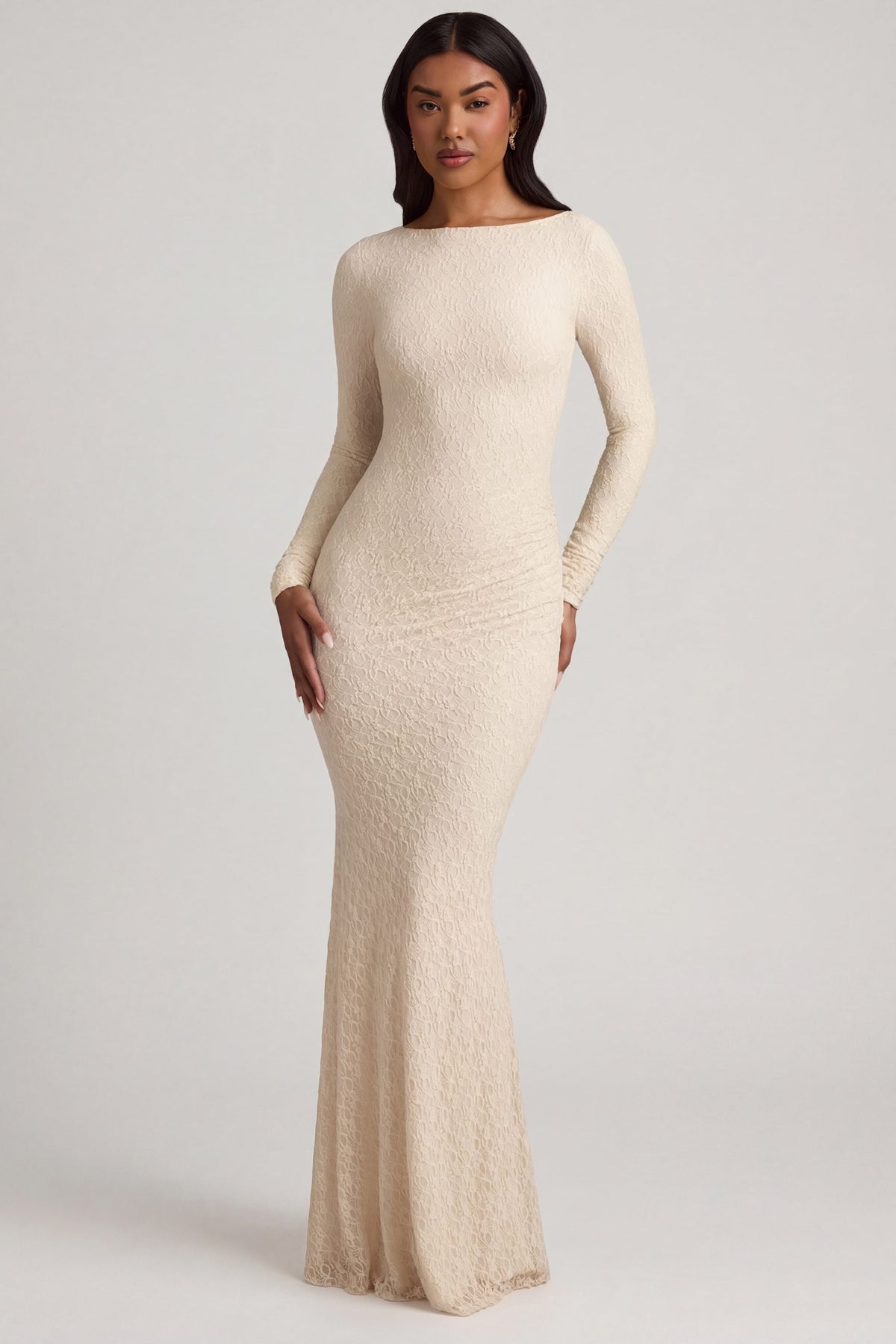 Chic Ruched Backless Lace Maxi Dress in Ivory