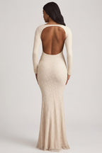 Chic Ruched Backless Lace Maxi Dress in Ivory