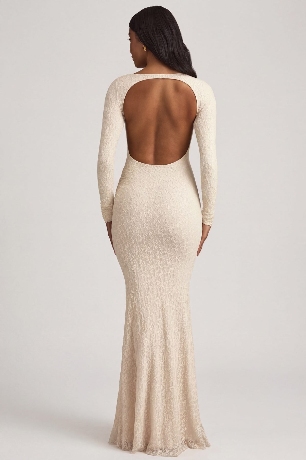 Chic Ruched Backless Lace Maxi Dress in Ivory