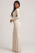 Chic Ruched Backless Lace Maxi Dress in Ivory