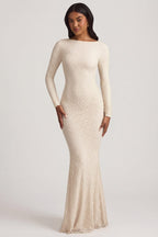 Chic Ruched Backless Lace Maxi Dress in Ivory