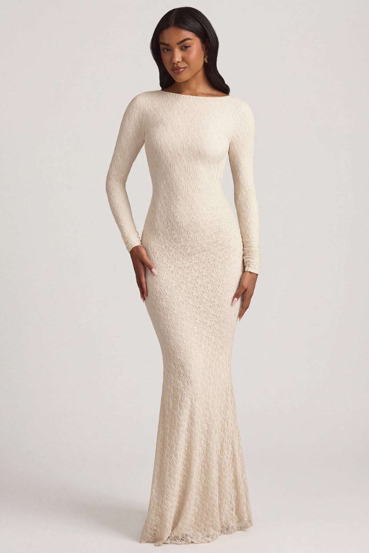 Chic Ruched Backless Lace Maxi Dress in Ivory