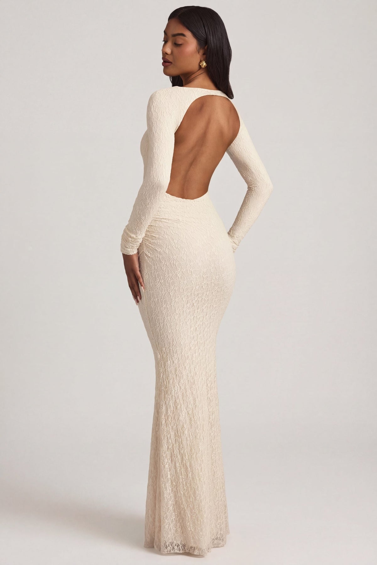 Chic Ruched Backless Lace Maxi Dress in Ivory