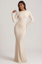 Chic Ruched Backless Lace Maxi Dress in Ivory