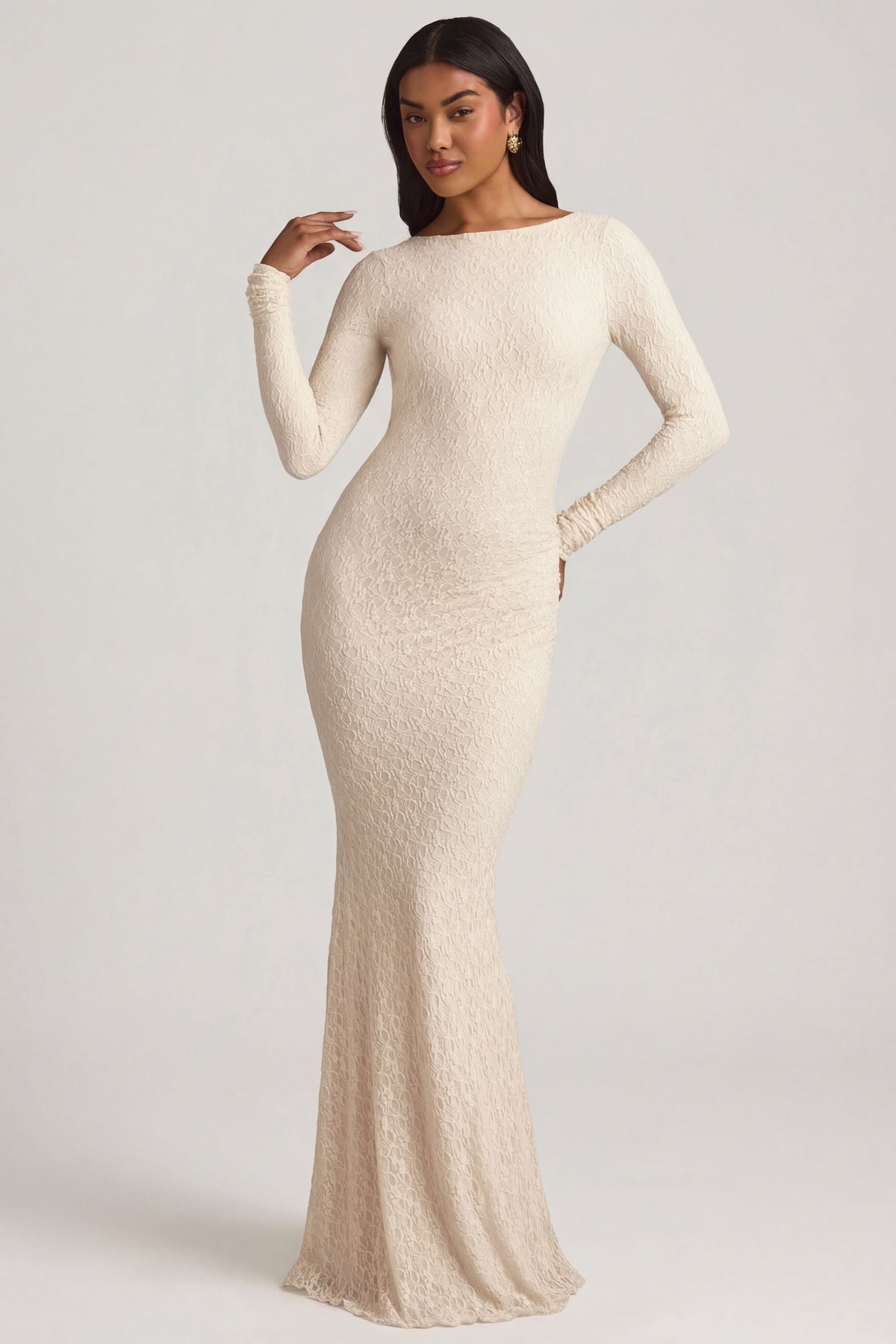 Chic Ruched Backless Lace Maxi Dress in Ivory
