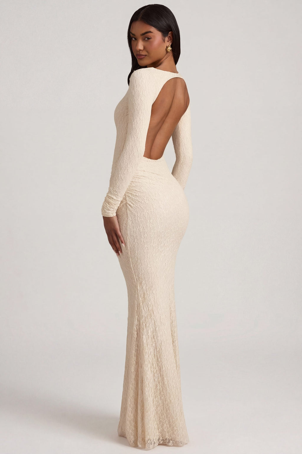 Chic Ruched Backless Lace Maxi Dress in Ivory