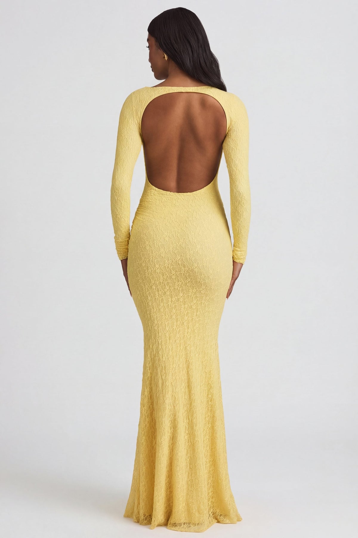 Chic Ruched Backless Lace Maxi Dress in Pastel Yellow